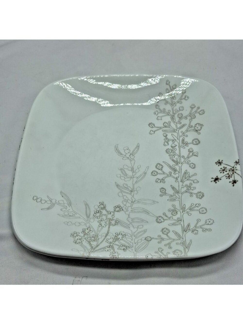 4 Corelle Shadow Dance Square Dinner Plates 10.5" - White Brown Flower -Vitrelle